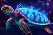 fluorescent glowing turtle swimming in the sea, Generative AI