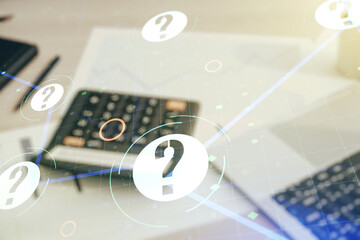 Aufkleber - Abstract virtual question mark sketch on calculator and pc background, FAQ and research concept. Double exposure