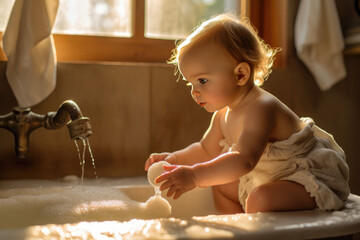 Wall Mural - Close up of a baby playing with soap in the bathroom