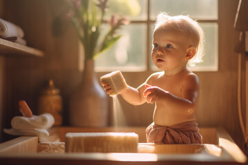 Wall Mural - Close up of a baby playing with soap in the bathroom