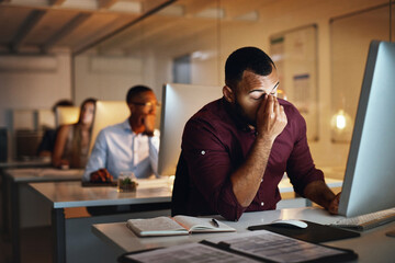 Fototapete - Business, night and man with stress, headache and burnout with new project, deadline and tired. Male person, employee and consultant with a migraine, pain and overworked and professional working late