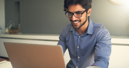 Happy man, teacher and laptop in classroom for education, elearning and planning teaching of lecture, tutor and school knowledge. Educator working on computer in research, online course and academic