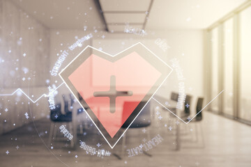 Poster - Abstract virtual heart pulse hologram on a modern coworking room background, online medical consulting concept. Multiexposure