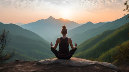 Wall Mural - Young woman doing yoga outdoor. Background of beautiful mountains.