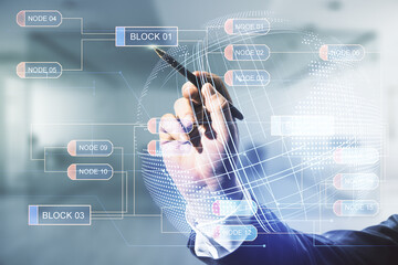 Poster - Double exposure of man hand with pen working with abstract creative programming illustration and world map on blurred office background, big data and blockchain concept