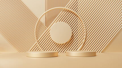 Wall Mural - Gold color background with geometric shapes, pedestal scene empty empty on two floors, circle wall shape, gradient from small to large, platform podium composition for stage product presentation