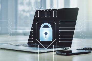 Poster - Creative idea concept with lock symbol and microcircuit illustration on modern laptop background. Protection and firewall concept. Multiexposure