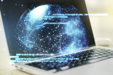 Aufkleber - Double exposure of abstract creative programming illustration with world map on computer background, big data and blockchain concept