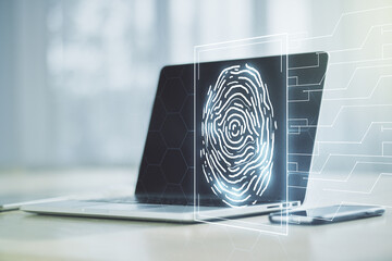 Aufkleber - Multi exposure of creative fingerprint hologram on laptop background, personal biometric data concept