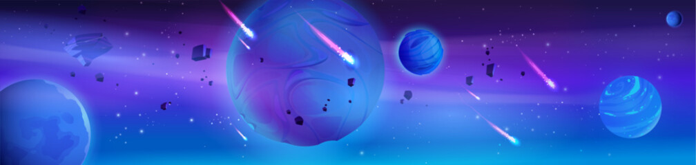 Wall Mural - Space background with alien planets floating in sky, comets with neon light tails, rocky meteorites, stones falling. Vector cartoon illustration of cosmic adventure game universe. Dangerous galaxy