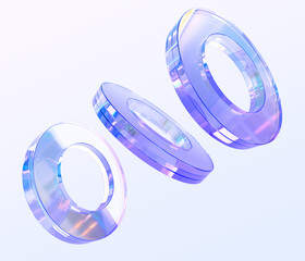 Poster - Glass iridescent rings with hologram gradient texture 3d render. Flying abstract geometric shapes, rainbow crystal transparent objects, graphic design elements isolated on background. 3D illustration