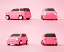 Set Of 3d Realistic Cars In Different Positions With Shadow, Compact Ev. 3d Render Illustration