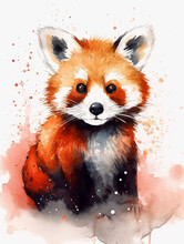 Watercolor Portrait Of Cute Red Panda On White Background. Hand Drawn Illustration. AI Generated