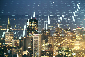 Poster - Multi exposure of stats data illustration on San Francisco city skyline background, computing and analytics concept