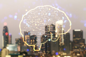 Poster - Virtual creative artificial Intelligence hologram with human brain sketch on blurry skyscrapers background. Double exposure