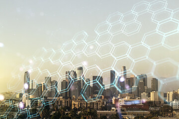 Poster - Abstract virtual wireless technology hologram with hexagon on Los Angeles cityscape background, artificial intelligence and machine learning concept. Multi exposure