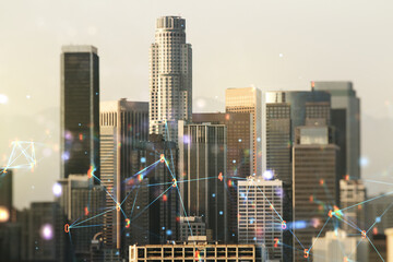 Fototapete - Abstract virtual wireless technology hologram on Los Angeles skyline background. Big data and database concept. Multiexposure