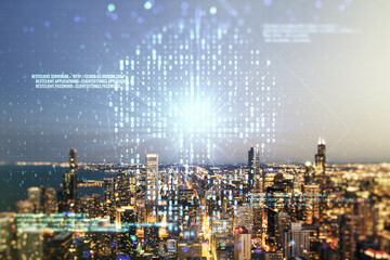Poster - Abstract virtual creative code skull hologram on Chicago office buildings background, theft of personal data and malware concept. Multiexposure