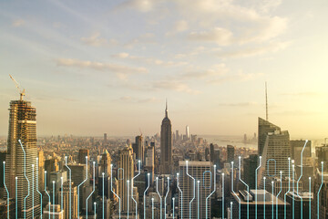 Aufkleber - Double exposure of abstract virtual circuit hologram on New York city skyscrapers background. Research and development hardware concept