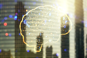 Poster - Virtual creative artificial Intelligence hologram with human brain sketch on office buildings background. Multiexposure