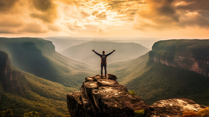 Man with raised hands standing on the edge of cliff and looking into the distance at sunset