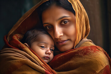 Close up of a Indian mother holding her newborn son on her arms