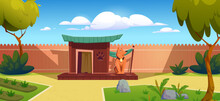 Cute Cartoon Doghouse On Backyard Vector Design. Dog Character Sitting Near House On Back Yard With Tree And Stone. Wooden Fence And Domestic Pet Security In Garden. Green Grass Nature In Summer