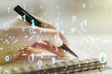 Aufkleber - Creative concept of binary code illustration and woman hand writing in notebook on background. Big data and coding concept. Multiexposure
