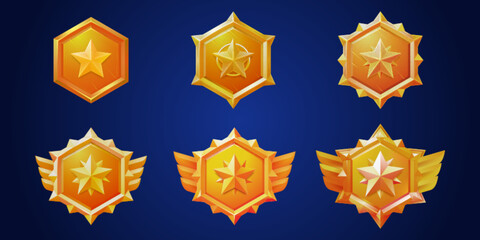 Poster - gold game badge rank medal ui icon vector set. isolated level trophy cartoon insignia military achie