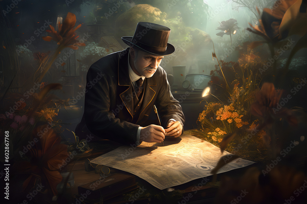 A Victorian-era detective, complete with a magnifying glass, examining a crime scene in the middle of an alien planet with peculiar plants and creatures.