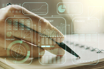 Aufkleber - Double exposure of abstract creative statistics data hologram with man hand writing in notepad on background, analytics and forecasting concept
