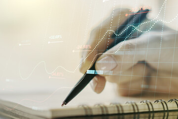 Poster - Double exposure of abstract creative statistics data hologram with woman hand writing in notepad on background, analytics and forecasting concept