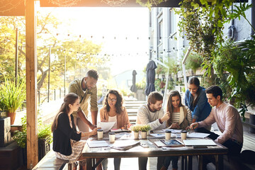 Poster - Creative business people, meeting and planning in team collaboration, strategy or discussion for startup. Group of employee workers in teamwork, documents and project plan together at the workplace