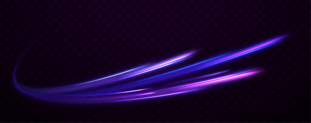 Aufkleber -  Vector glitter light fire flare trace. Abstract image of speed motion on the road. Dark blue abstract background with ultraviolet neon glow, blurry light lines, waves