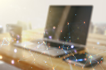 Poster - Creative concept of wireless technology and modern desktop with computer on background. Big data and database concept. Multiexposure