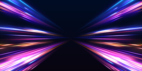 Poster - Cyberpunk light trails in motion or light slow shutter effect. Acceleration speed motion on night road. Bright sparkling background. Panoramic high speed technology concept, light abstract background.