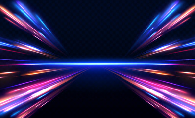 Leinwandbilder - Image of speed motion on the road. Abstract background in blue and purple neon glow colors. Speed of light in galaxy. Purple glowing wave swirl, impulse cable lines. Long time exposure. Vector