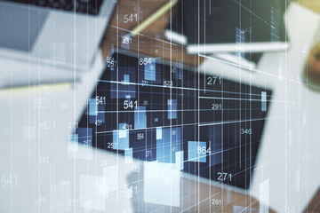 Poster - Multi exposure of creative statistics data hologram and digital tablet on background, top view, stats and analytics concept