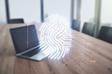Poster - Multi exposure of creative fingerprint hologram on laptop background, personal biometric data concept