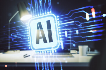 Aufkleber - Double exposure of creative artificial Intelligence icon with modern laptop on background. Neural networks and machine learning concept
