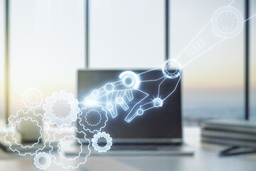 Aufkleber - Double exposure of robotics technology hologram on laptop background. Research and development software concept