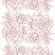 Seamless Pattern, Hand Drawn Outline Pink Peony Flowers On White Background, Vintage Style Engravers