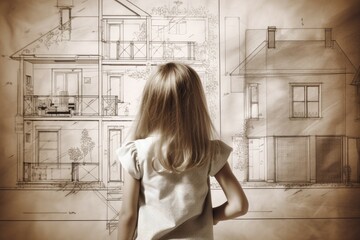 Poster - Architect house plan girl interior. Generate AI