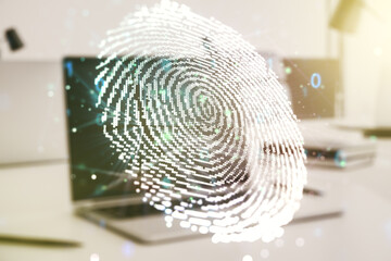 Aufkleber - Multi exposure of abstract graphic fingerprint sketch on modern computer background, fingerprint scan data concept