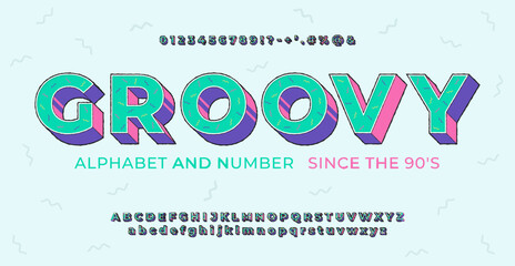 Fototapete - Bright retro font 90's, 80's in cartoon style. Vector retro alphabet with letters symbols and numbers.
