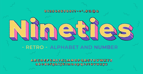Fototapete - Bright retro font 90's, 80's in cartoon style. Vector retro alphabet with letters symbols and numbers.