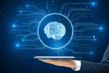 Poster - Artificial intelligence and deep learning technology concept with hand holding digital tablet and human brain icon virtual hologram on dark blue background