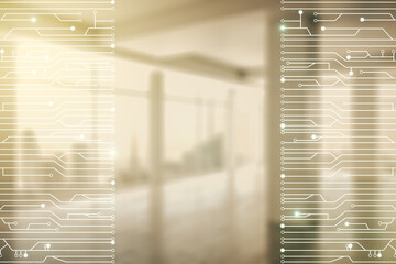 Aufkleber - Abstract virtual micro chip hologram on empty classroom background, artificial intelligence and machine learning concept. Multi exposure