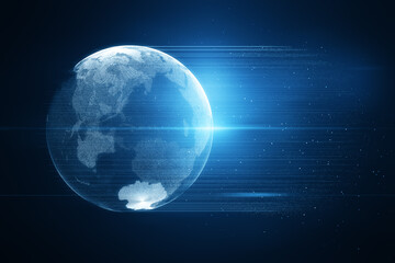 Poster - Glowing blue polygonal earth hologram with lines and sparkles on dark backdrop. Metaverse and global world concept. 3D Rendering.