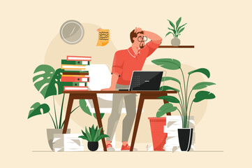 Poster - Hard work yellow concept with people scene in the flat cartoon style. The employee is tired of a large number of tasks at work. Vector illustration.